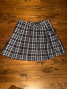 Gianni Bini Navy, Cream & Brown Plaid Pleated Mini Skirt